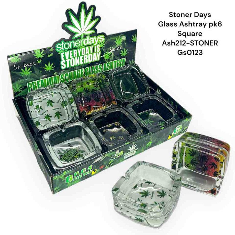 GS0123 - Ashtray ASH212-STONER STONER SQUARE Glass Ashtray Pack Of 6 MIX New ASH212