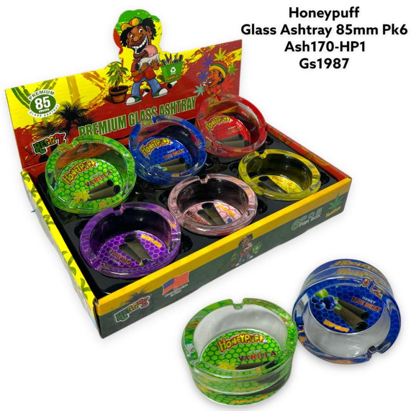 GS2138 - Ashtray - HONEYPUFF Glass Ashtray Pack Of 6 MIX New ASH170-HP3 ASH170