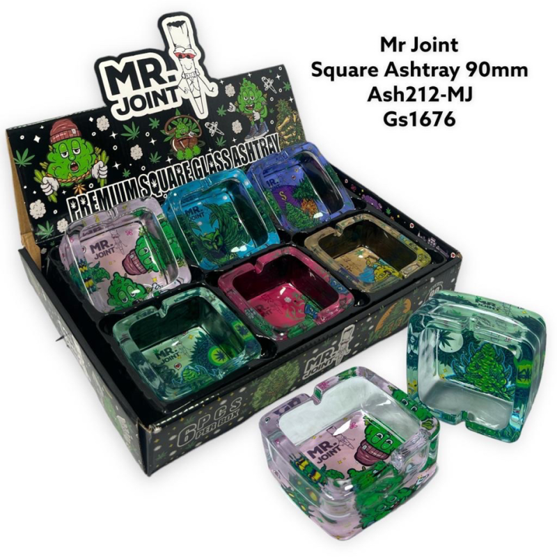 GS1676 - Ashtray ASH212-MJ MR JOINT SQUARE Glass Ashtray Pack Of 6 MIX New ASH212