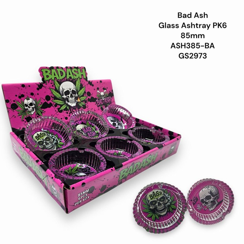 GS2973 - Ashtray ASH385-BA BAD ASH Glass Ashtray Pack Of 6 MIX New ASH385