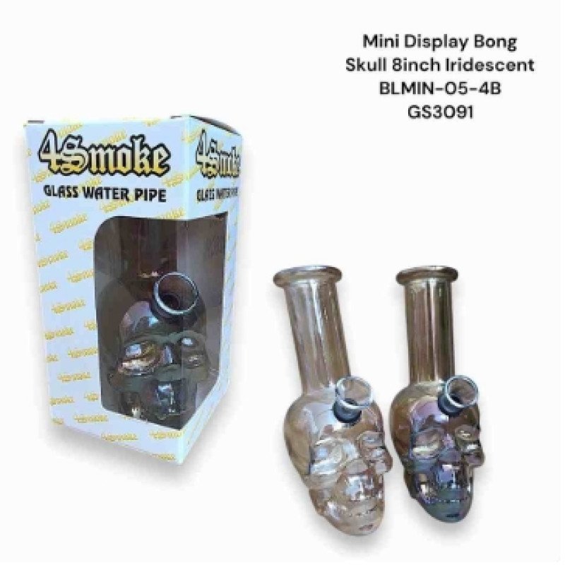 GS3091 - NEW GLASS BONG SKULL IRIDICENT MIX 8INCH BLMIN-05-4B DISPLAY