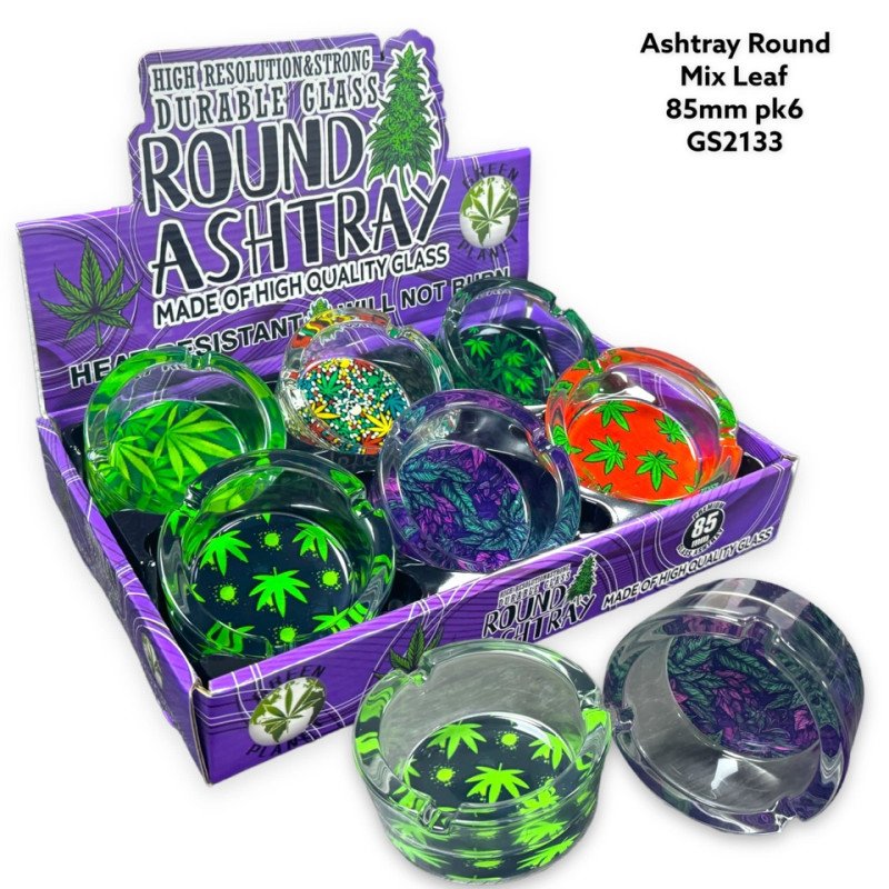 GS2133 - Ashtray ASH170 mix leaf Glass Ashtray Pack Of 6 MIX