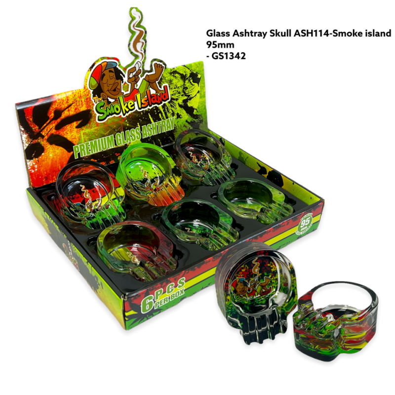 GS1342 - Ashtray ASH114-SMOK SMOKE ISLAND Glass Ashtray Pack Of 6 Skull New