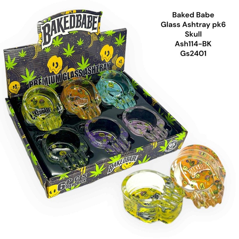 GS2401 - Ashtray ASH114-Bk BAKED Babe Glass Ashtray Pack Of 6 Skull New