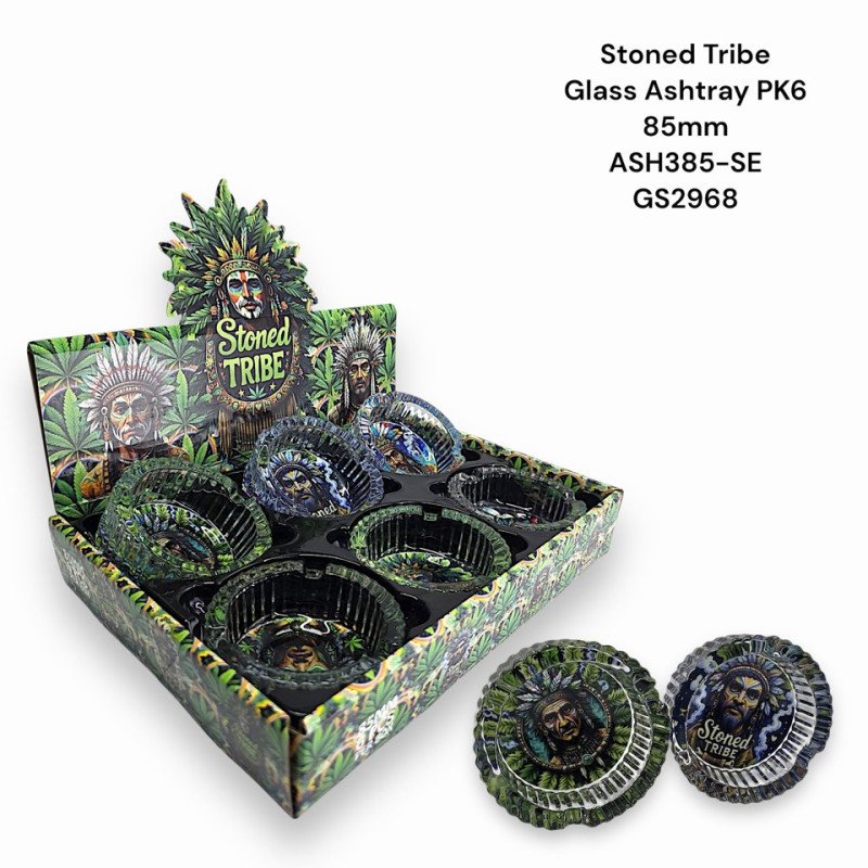GS2968 - Ashtray ASH385-SE STONED TRIBE Glass Ashtray Pack Of 6 MIX New ASH385