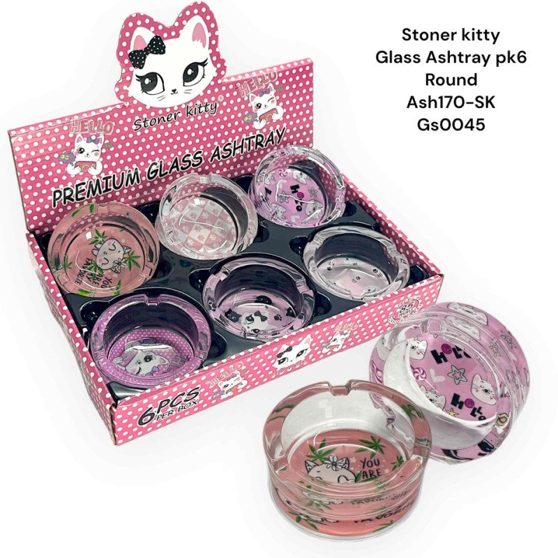 GS0045 - Ashtray ASH170-SK STONED KITTY Glass Ashtray Pack Of 6 MIX New ASH170