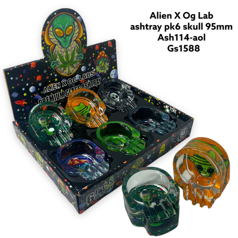 GS1588 - Ashtray ASH114-aol Alien x OG Labs Glass Ashtray Pack Of 6 Skull New