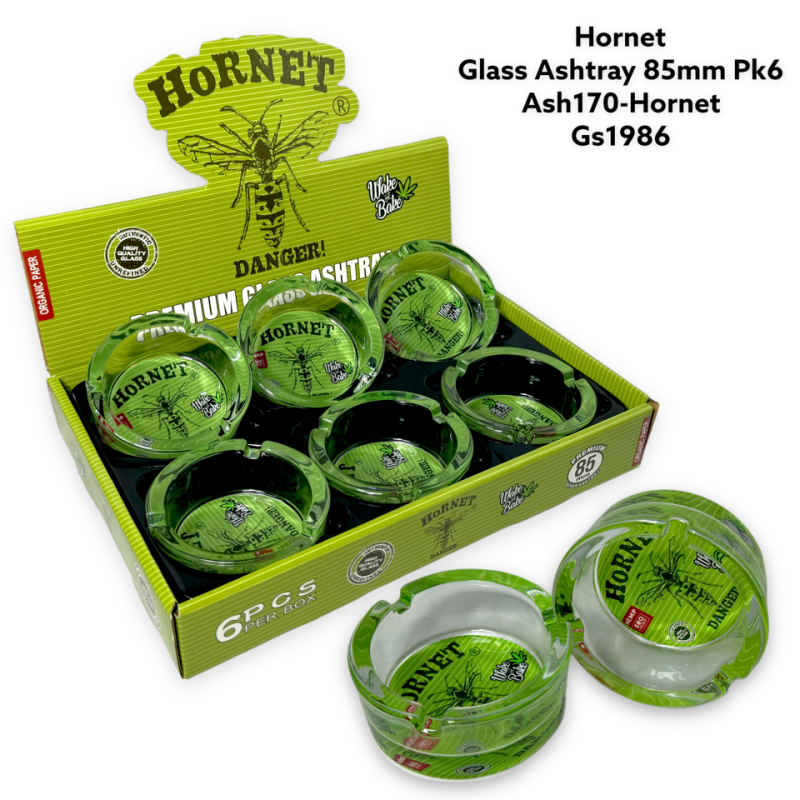 GS1986 - Ashtray ASH170-h Hornet Glass Ashtray Pack Of 6 MIX New ASH170