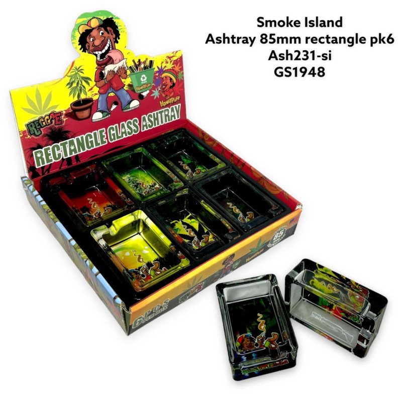 GS1948 - Ashtray ASH231-SI SMOKE ISLAND RECTANGLE Glass Ashtray Pack Of 6 MIX New ASH231