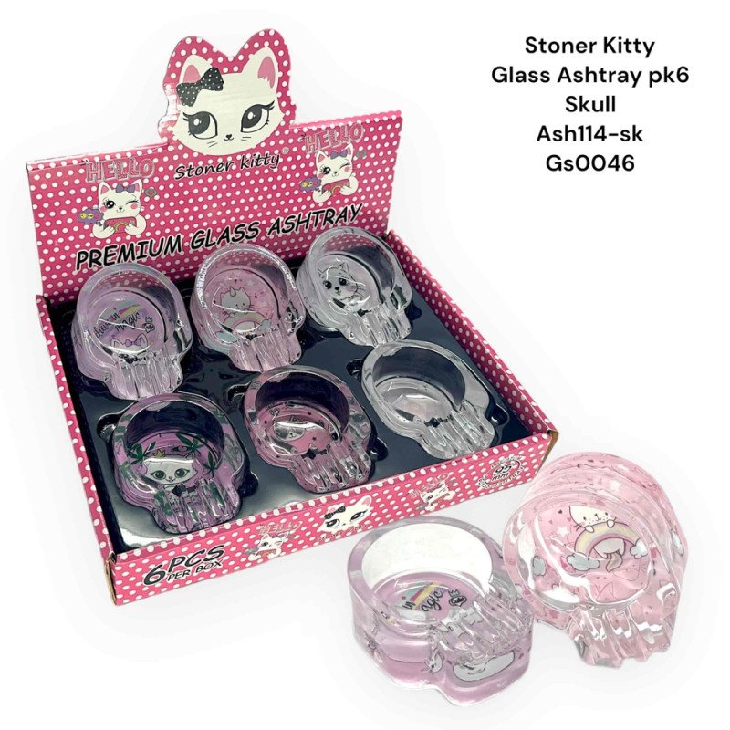 GS0046 - Ashtray ASH114-BAKED STONNED KITTY Glass Ashtray Pack Of 6 Skull New