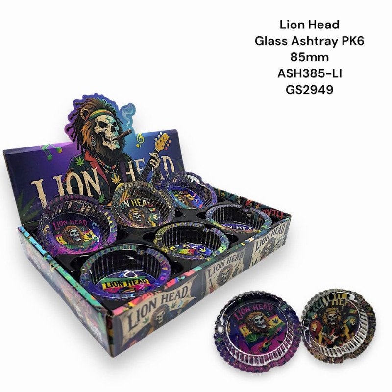 GS2949 - Ashtray ASH385-LI LION HEAD Glass Ashtray Pack Of 6 MIX New ASH385