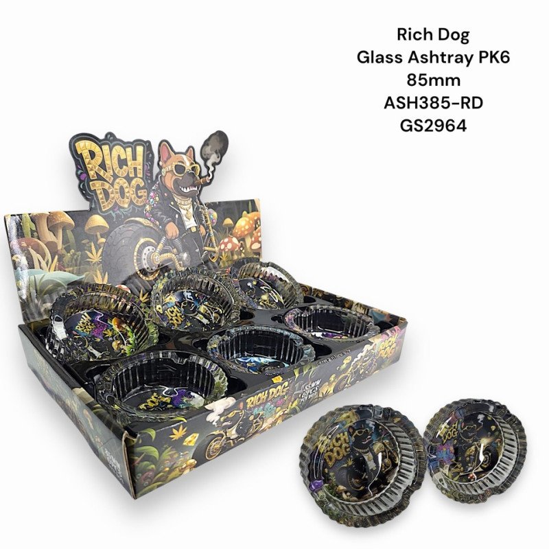 GS2964 - Ashtray ASH385-RD RICH DOG Glass Ashtray Pack Of 6 MIX New ASH385