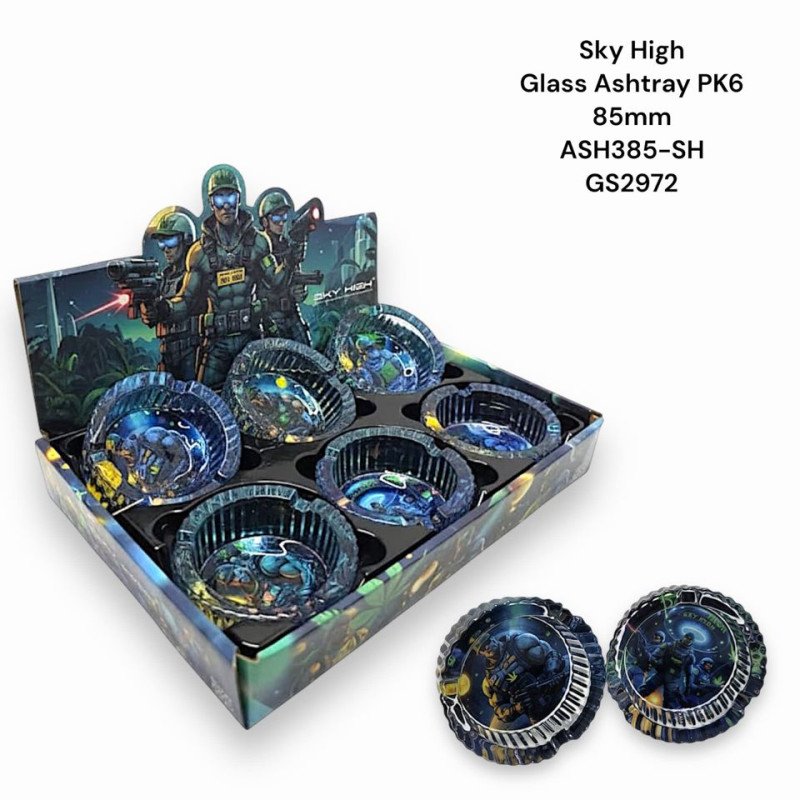 GS2972 - Ashtray ASH385-SH SKY HIGH Glass Ashtray Pack Of 6 MIX New ASH385