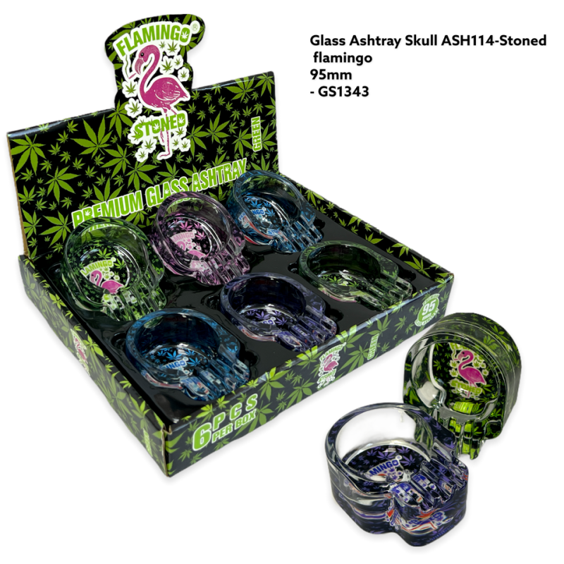 GS1343 - Ashtray ASH114-STONED FLAMINGO Glass Ashtray Pack Of 6 Skull New