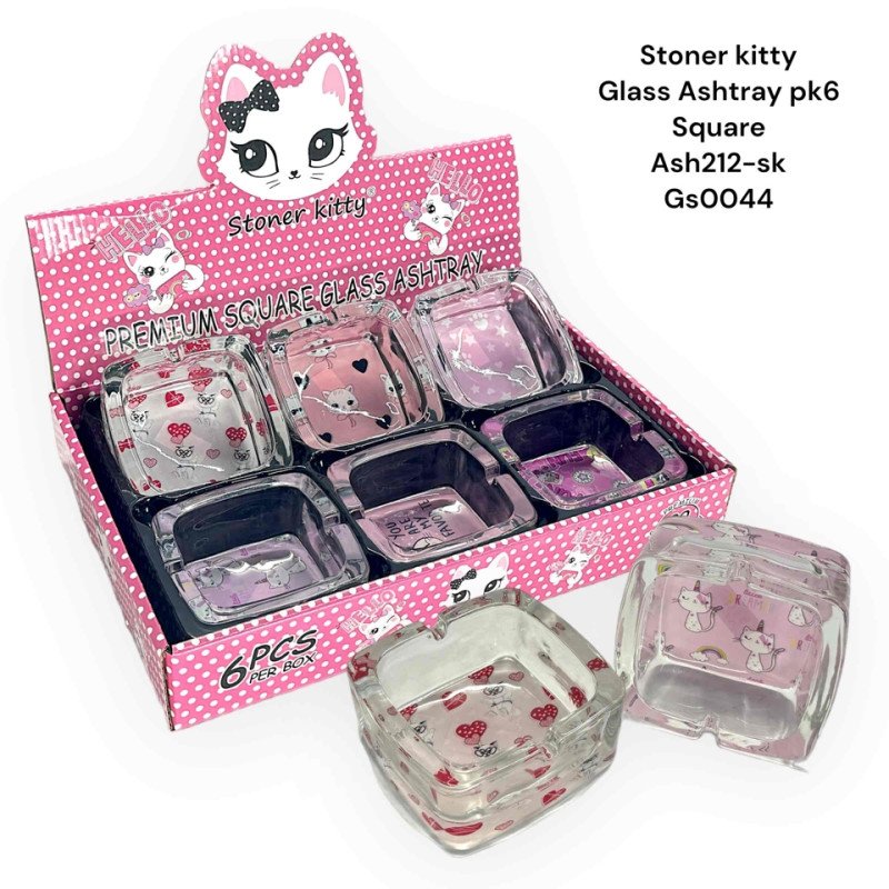 GS0044 - Ashtray ASH212-sk STONED KITTY SQUARE Glass Ashtray Pack Of 6 MIX New ASH212