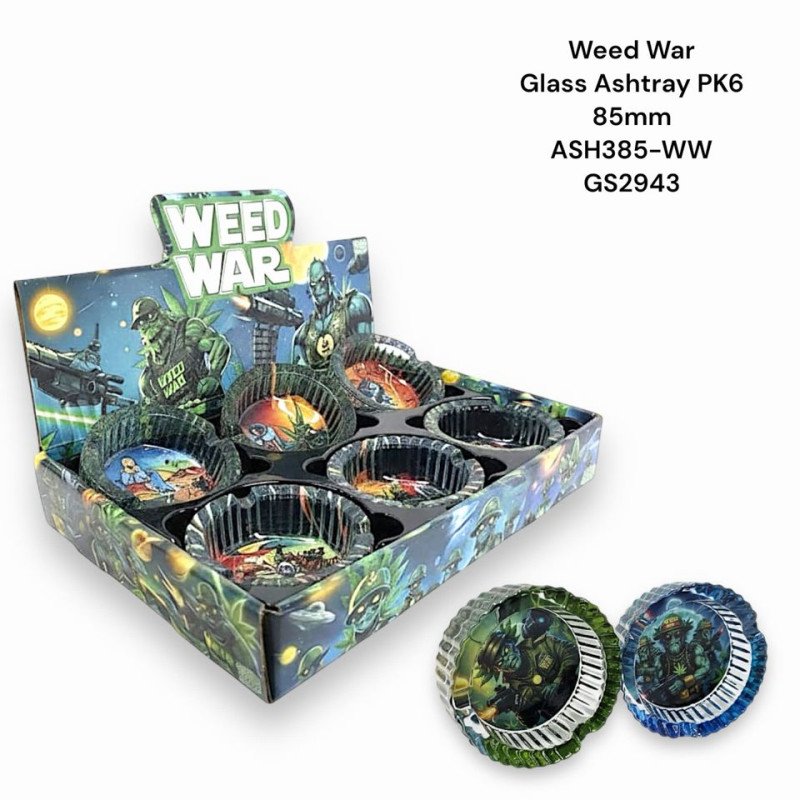 GS2943 - Ashtray ASH385-WW WEED WARS Glass Ashtray Pack Of 6 MIX New ASH385