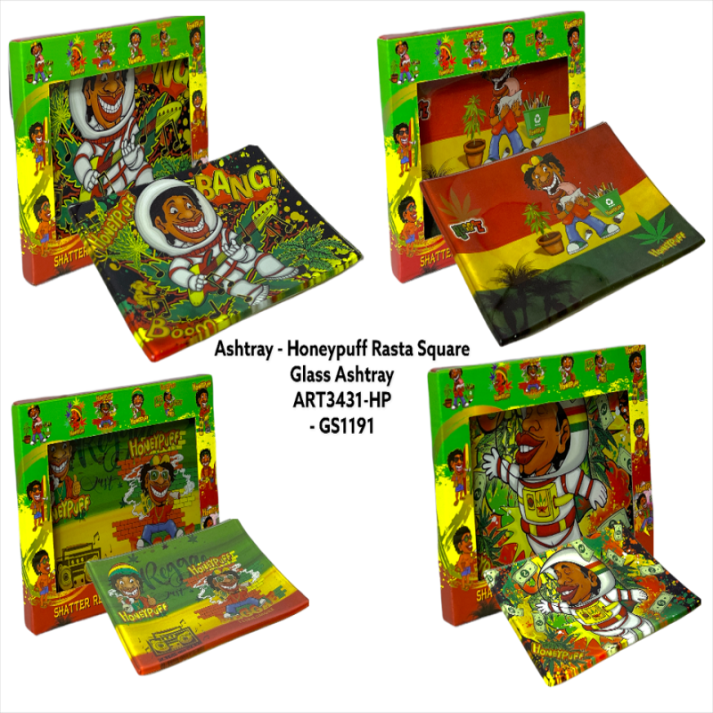 GS1191 - Ashtray ART3431-HP Honeypuff Rasta Square Glass Ashtray