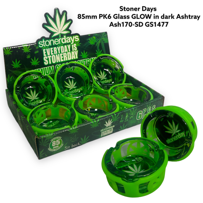 GS1477 - Ashtray - STONERDAYS Glass Ashtray Pack Of 6 MIX New ASH 170-SD ASH170 SD RUBBER