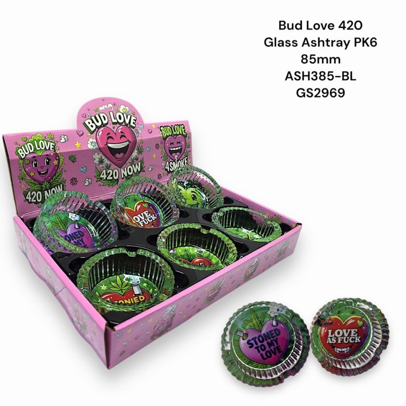 GS2969 - Ashtray ASH385-BL BUD LOVE Glass Ashtray Pack Of 6 MIX New ASH385