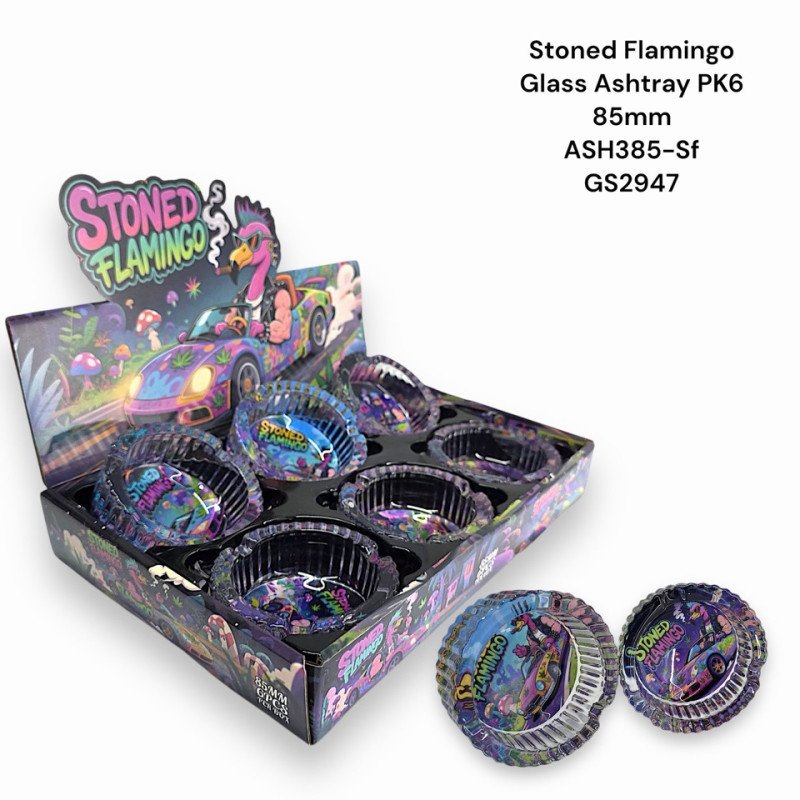 GS2947 - Ashtray ASH385-SF STONED FLAMINGO Glass Ashtray Pack Of 6 MIX New ASH385