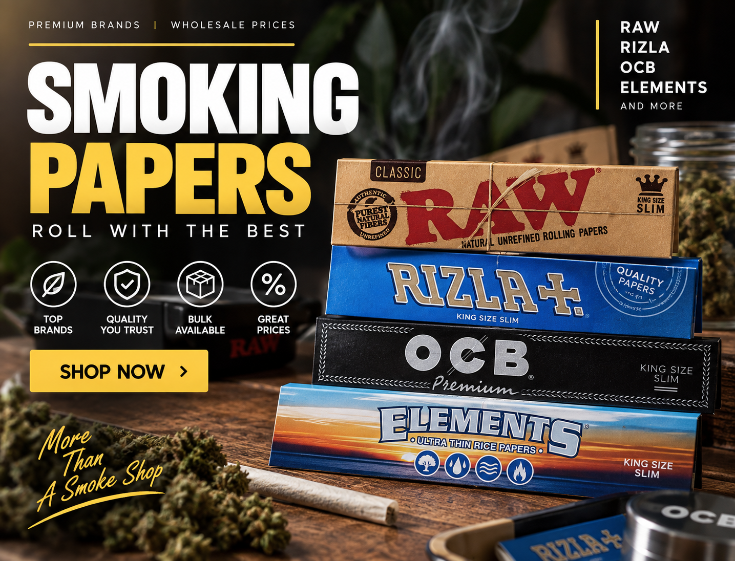 Shop Authentic wholesale smoking papers from RAW, Rizla, OCB, Elements and more at MMS Wholesale